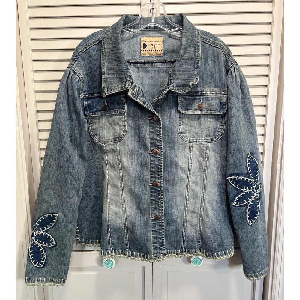 Vintage Crest Jeans Soft Denim Jacket Short 3XL Crochet Stitching Detail Boho